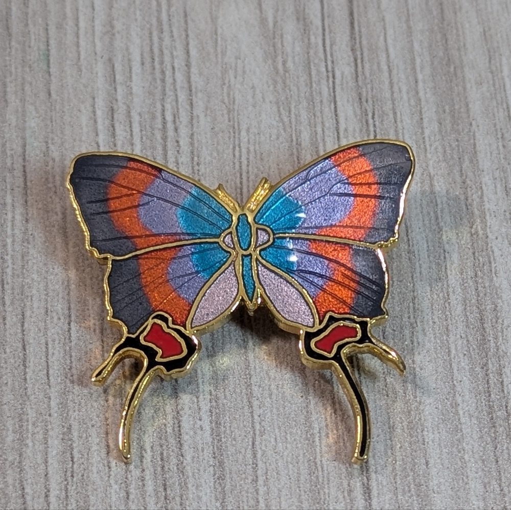 VTG Signed William Spear 1989 Cloisonne Butterfly Pin Champleve Enamel Brooch